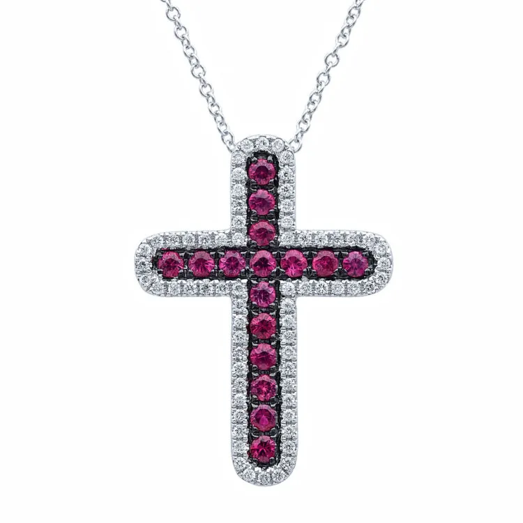 0.21ct Diamond & 0.39ct Ruby 14k White Gold Cross Necklace
