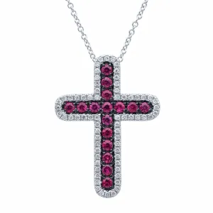 0.21ct Diamond & 0.39ct Ruby 14k White Gold Cross Necklace