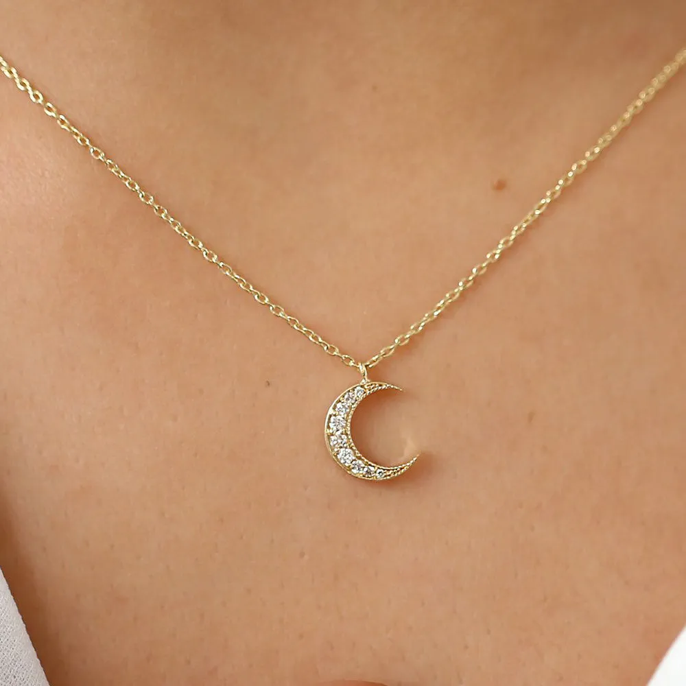 14k Gold Mini Crescent Moon Diamond Necklace