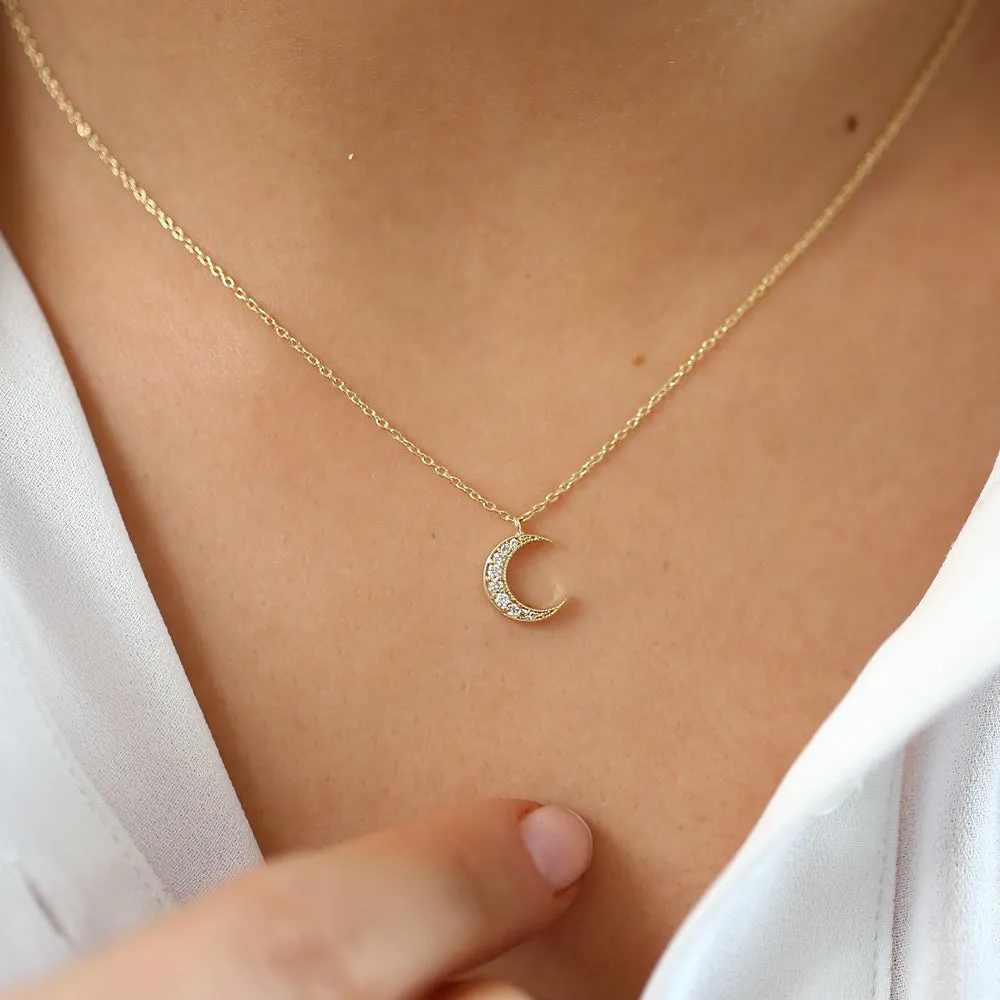 14k Gold Mini Crescent Moon Diamond Necklace