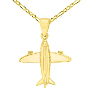 14K Solid Yellow Gold 3D Airplane Charm Jet Aircraft Pendant with Figaro Chain Necklace