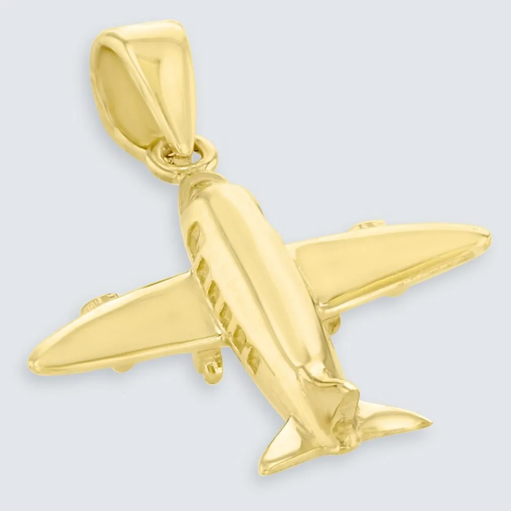 14K Solid Yellow Gold 3D Airplane Charm Jet Aircraft Pendant with Figaro Chain Necklace