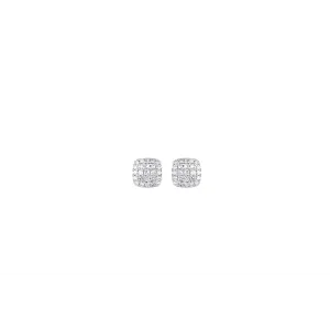 14K White Gold Cushion Design Cluster Diamond Stud Earrings
