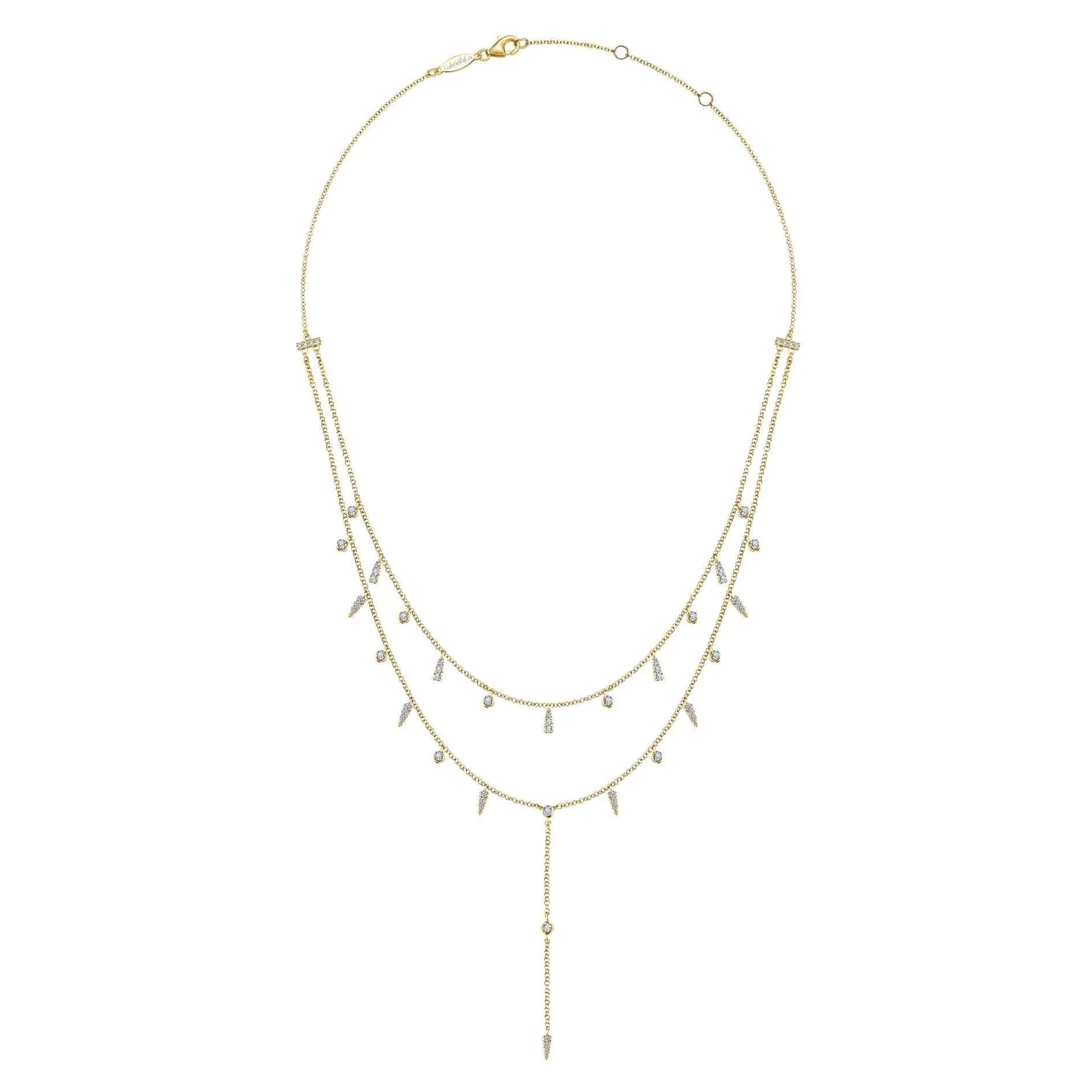 14K Yellow Gold Diamond Double Row Dangle Drop Necklace