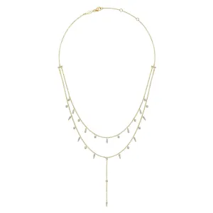 14K Yellow Gold Diamond Double Row Dangle Drop Necklace