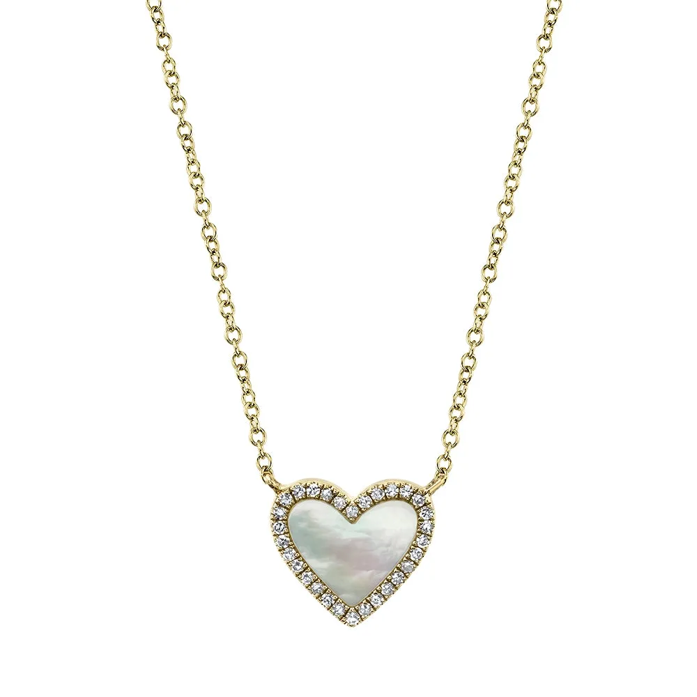 14K Yellow Gold Mother of Pearl and Diamond Heart Necklace