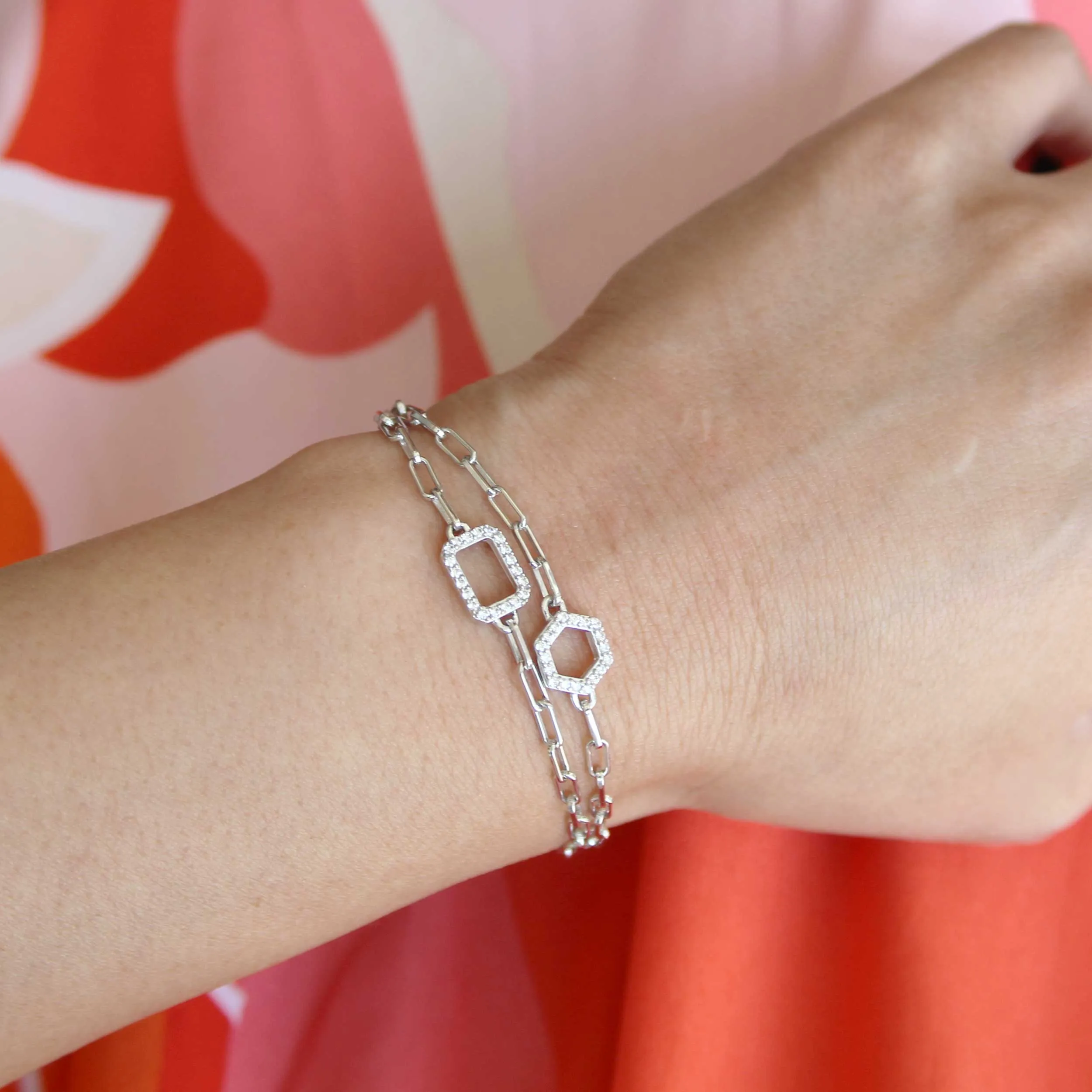 1/6 Cttw Natural Diamond Pave Rectangle Link Chain 7" Bracelet in 925 Sterling Silver