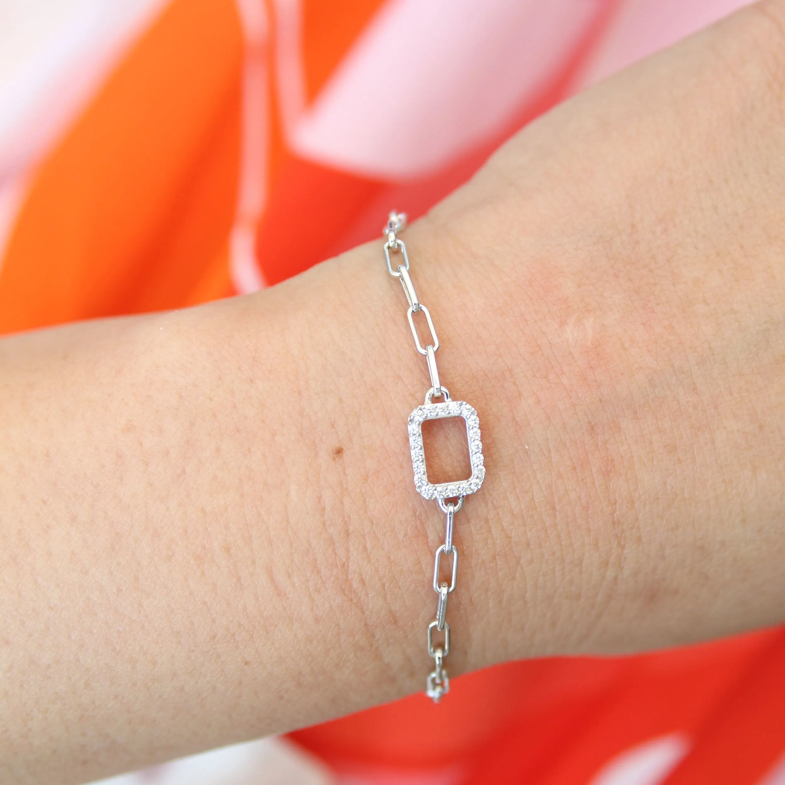 1/6 Cttw Natural Diamond Pave Rectangle Link Chain 7" Bracelet in 925 Sterling Silver