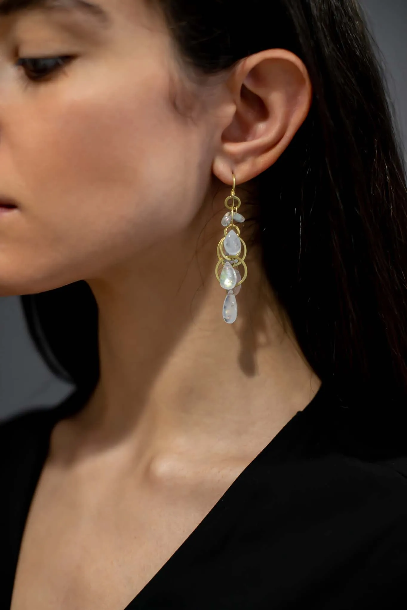 18 Karat Gold Moonstone Multiloop Fringe Earrings