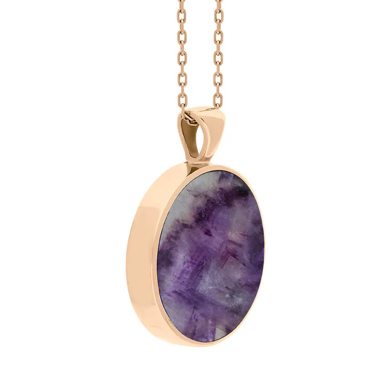 18ct Rose Gold Blue John Mother Of Pearl Large Double Sided Round Fob Necklace