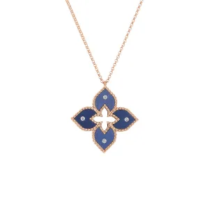 18K Rose Gold Small Blue Titanium and Diamond Flower Necklace