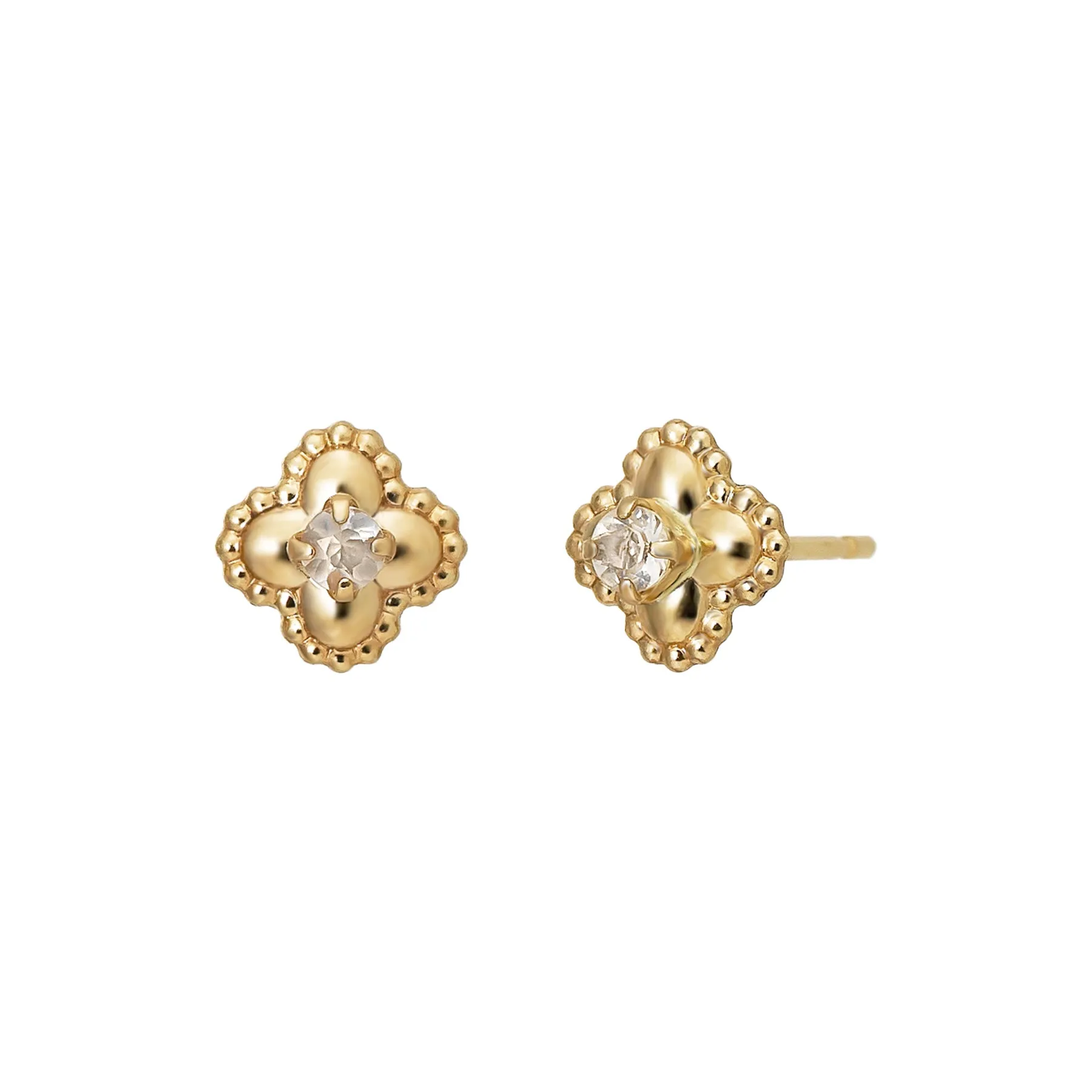 18K/10K Moonstone Milgrain Flower Stud Earrings (Yellow Gold)