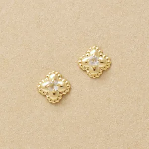18K/10K Moonstone Milgrain Flower Stud Earrings (Yellow Gold)