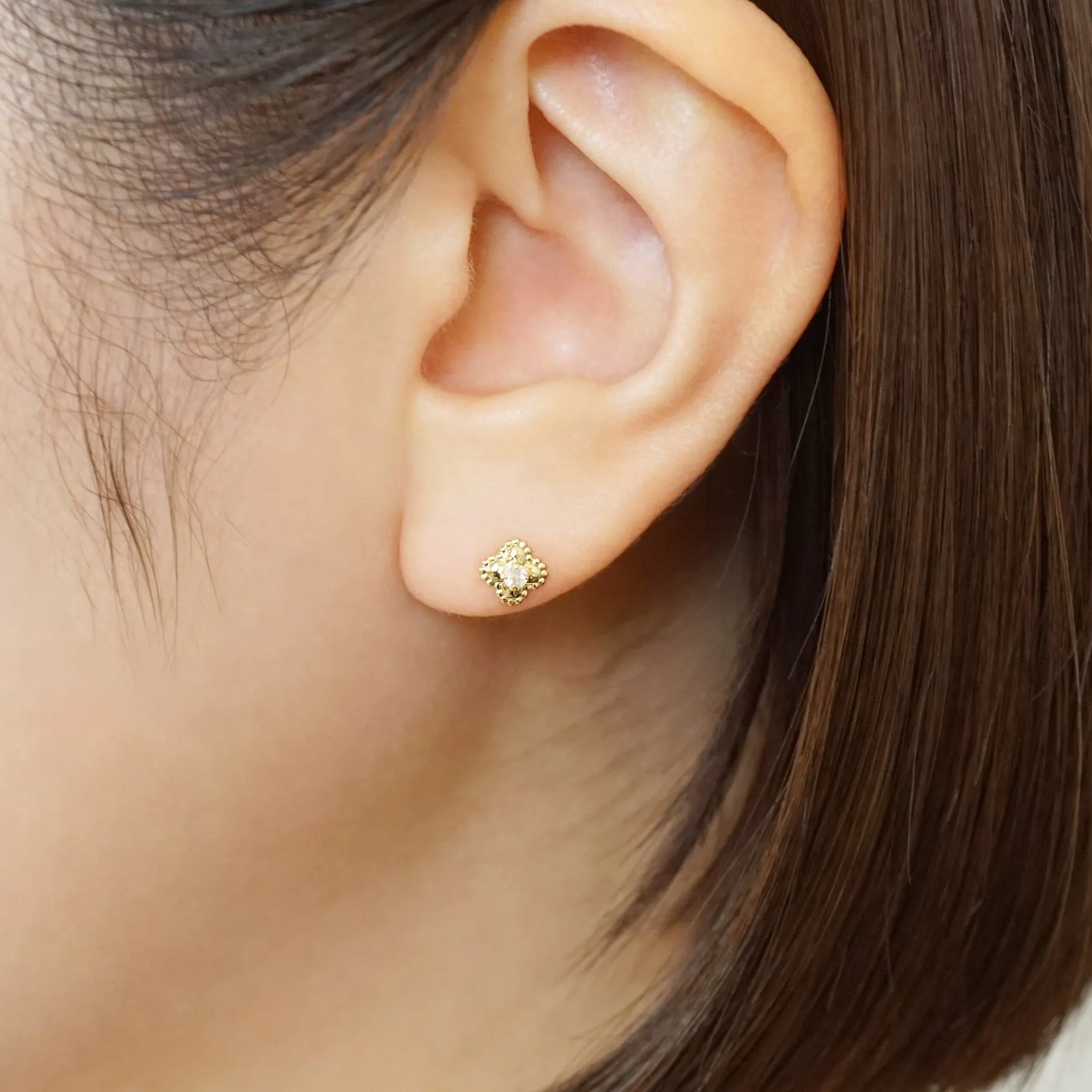 18K/10K Moonstone Milgrain Flower Stud Earrings (Yellow Gold)