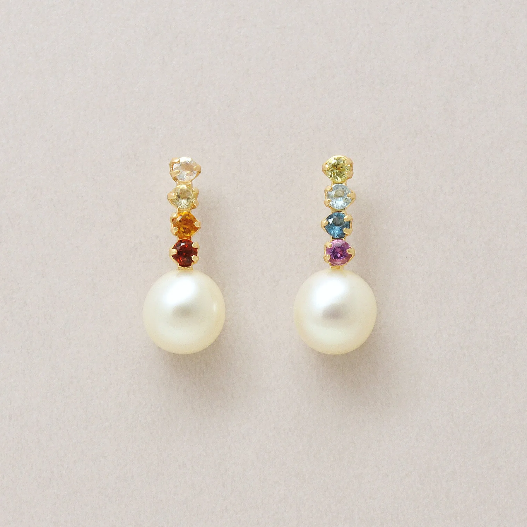 18K/10K Natural Stone Rainbow Pearl Vertical Line Earrings (Yellow Gold)