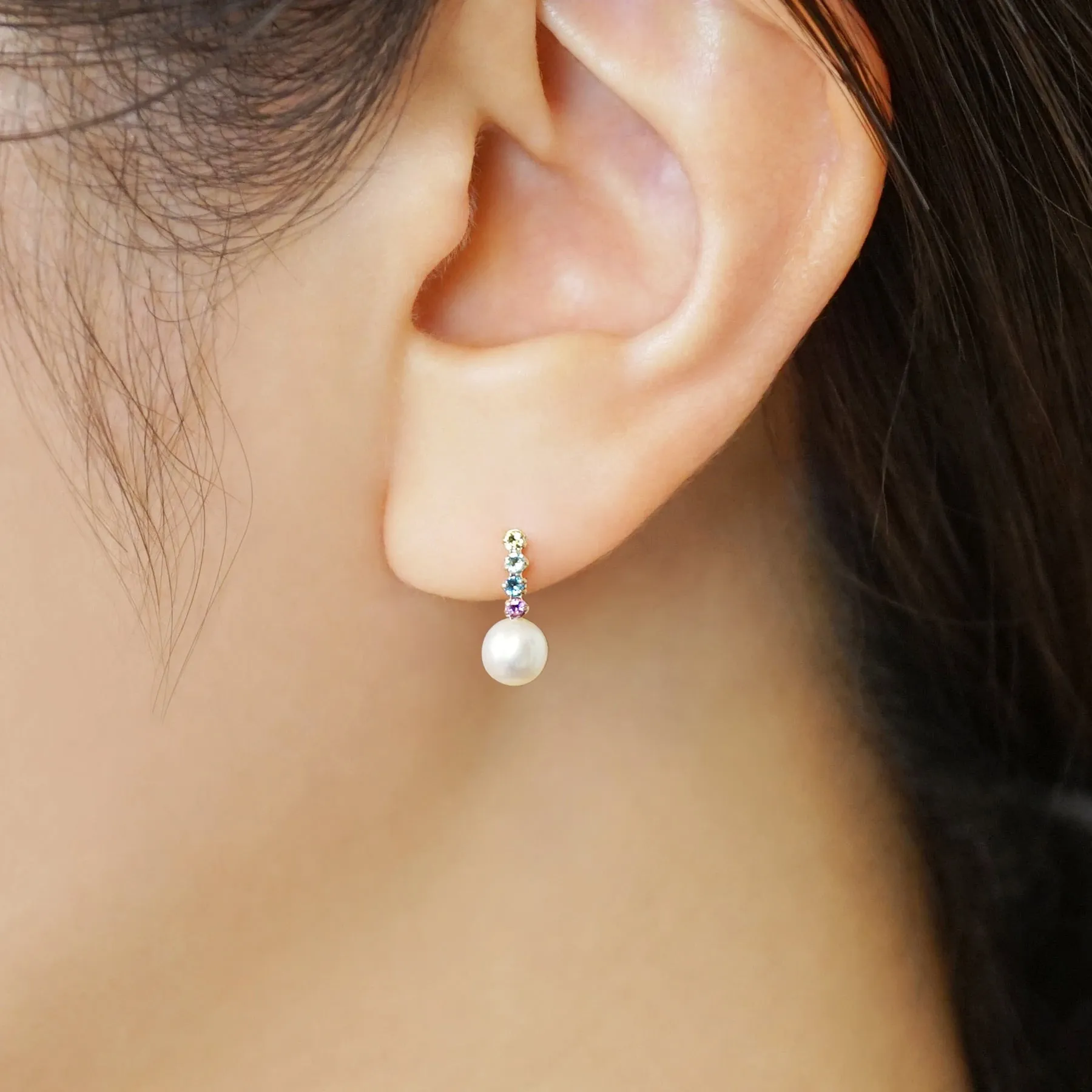 18K/10K Natural Stone Rainbow Pearl Vertical Line Earrings (Yellow Gold)