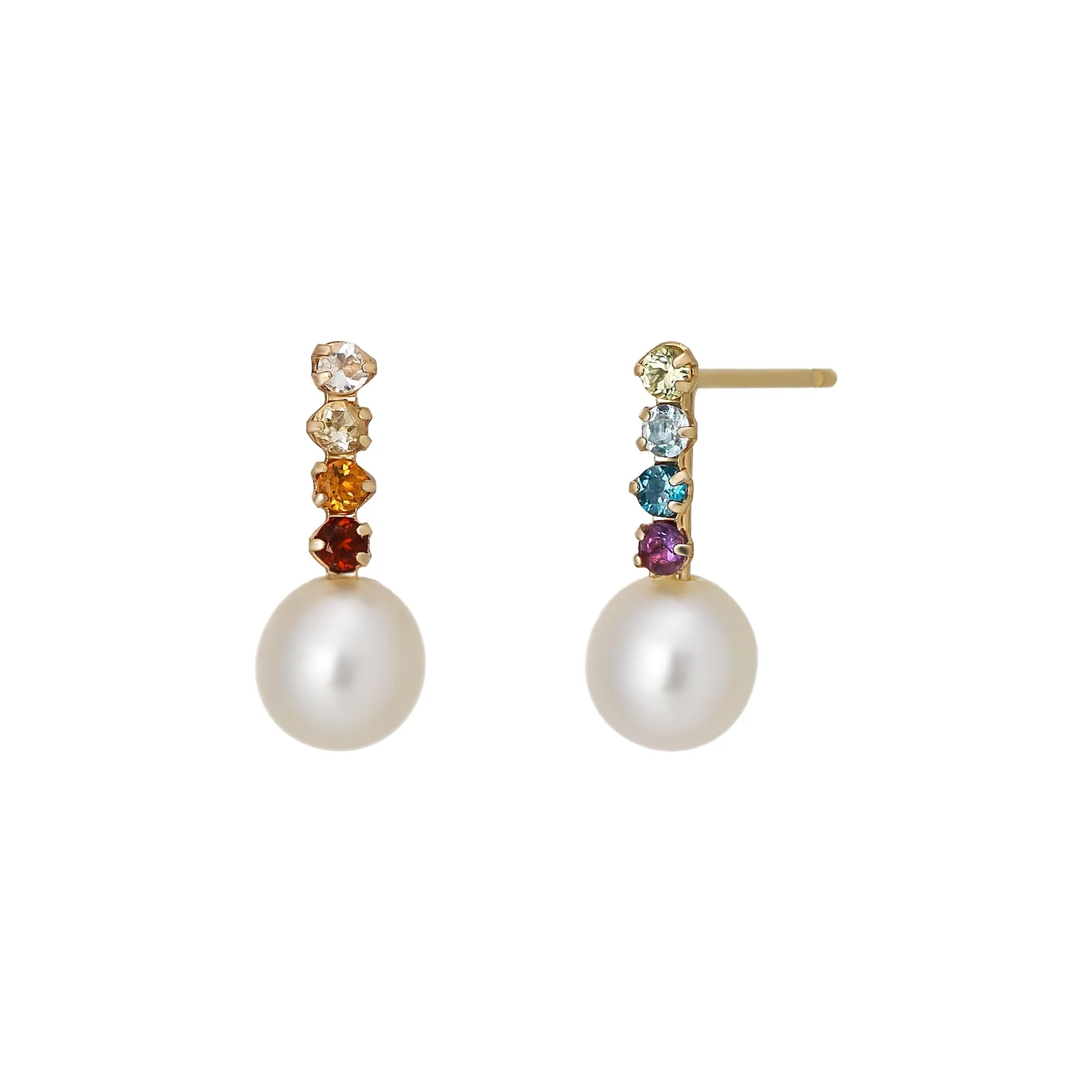 18K/10K Natural Stone Rainbow Pearl Vertical Line Earrings (Yellow Gold)