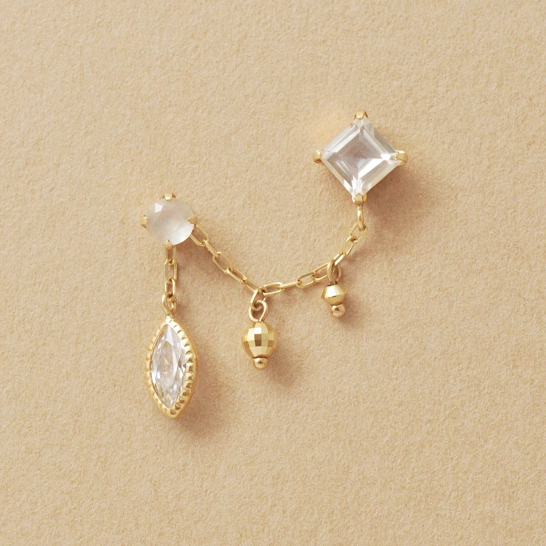 18K/10K White Topaz Double Piercing Chain Earrings (Yellow Gold)