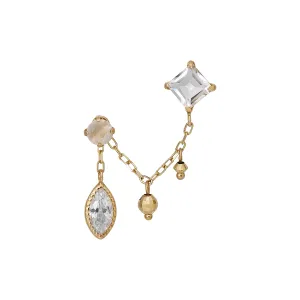18K/10K White Topaz Double Piercing Chain Earrings (Yellow Gold)