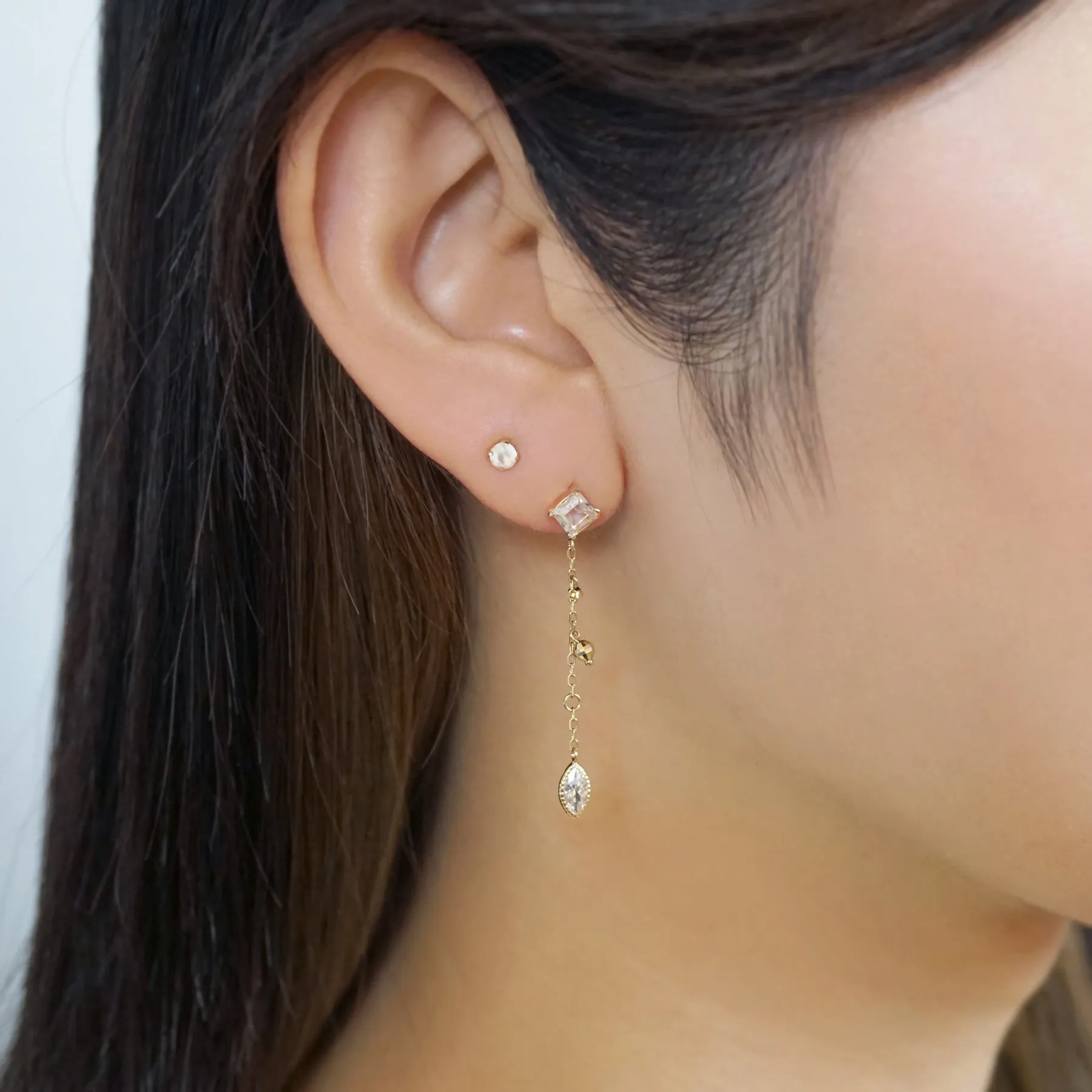 18K/10K White Topaz Double Piercing Chain Earrings (Yellow Gold)