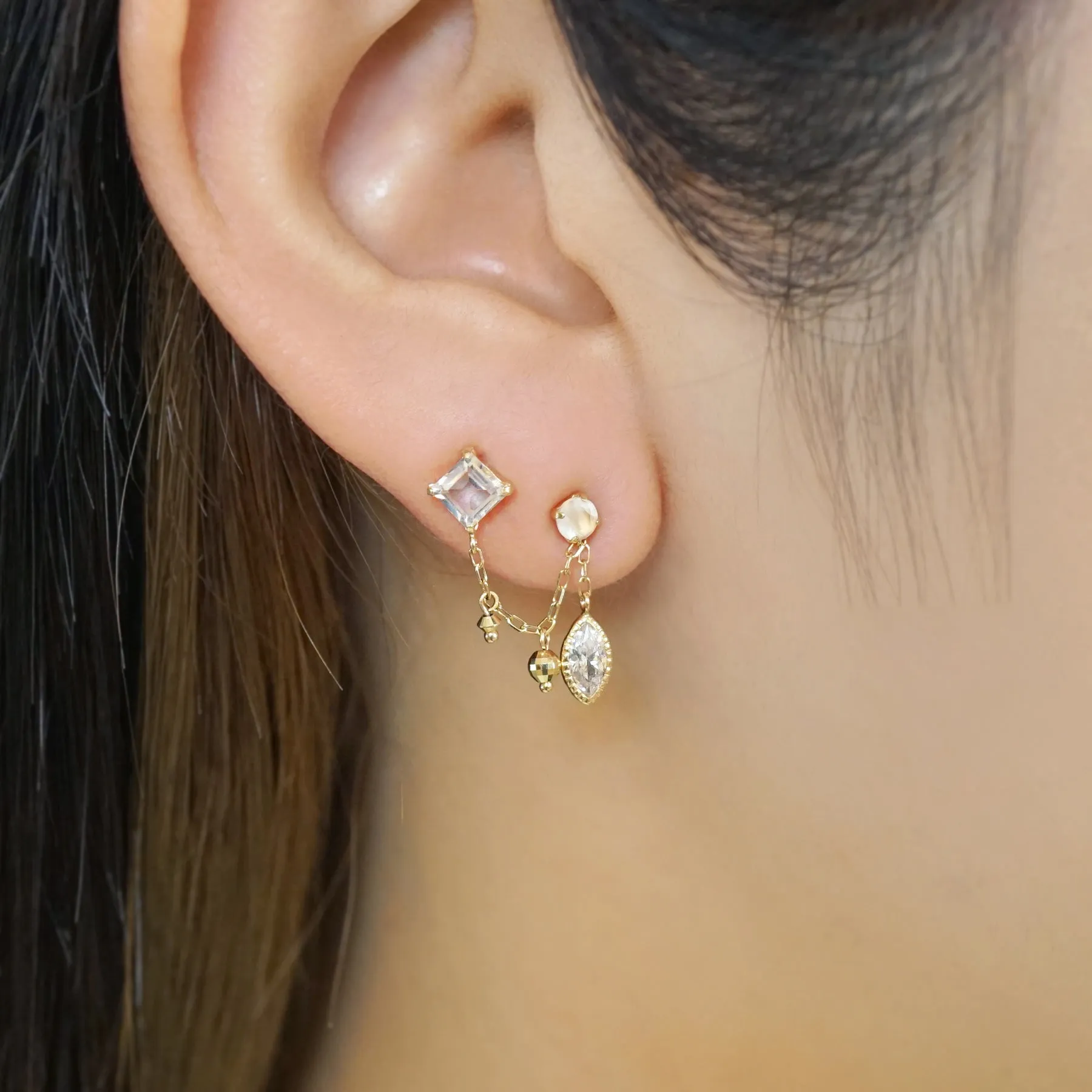 18K/10K White Topaz Double Piercing Chain Earrings (Yellow Gold)