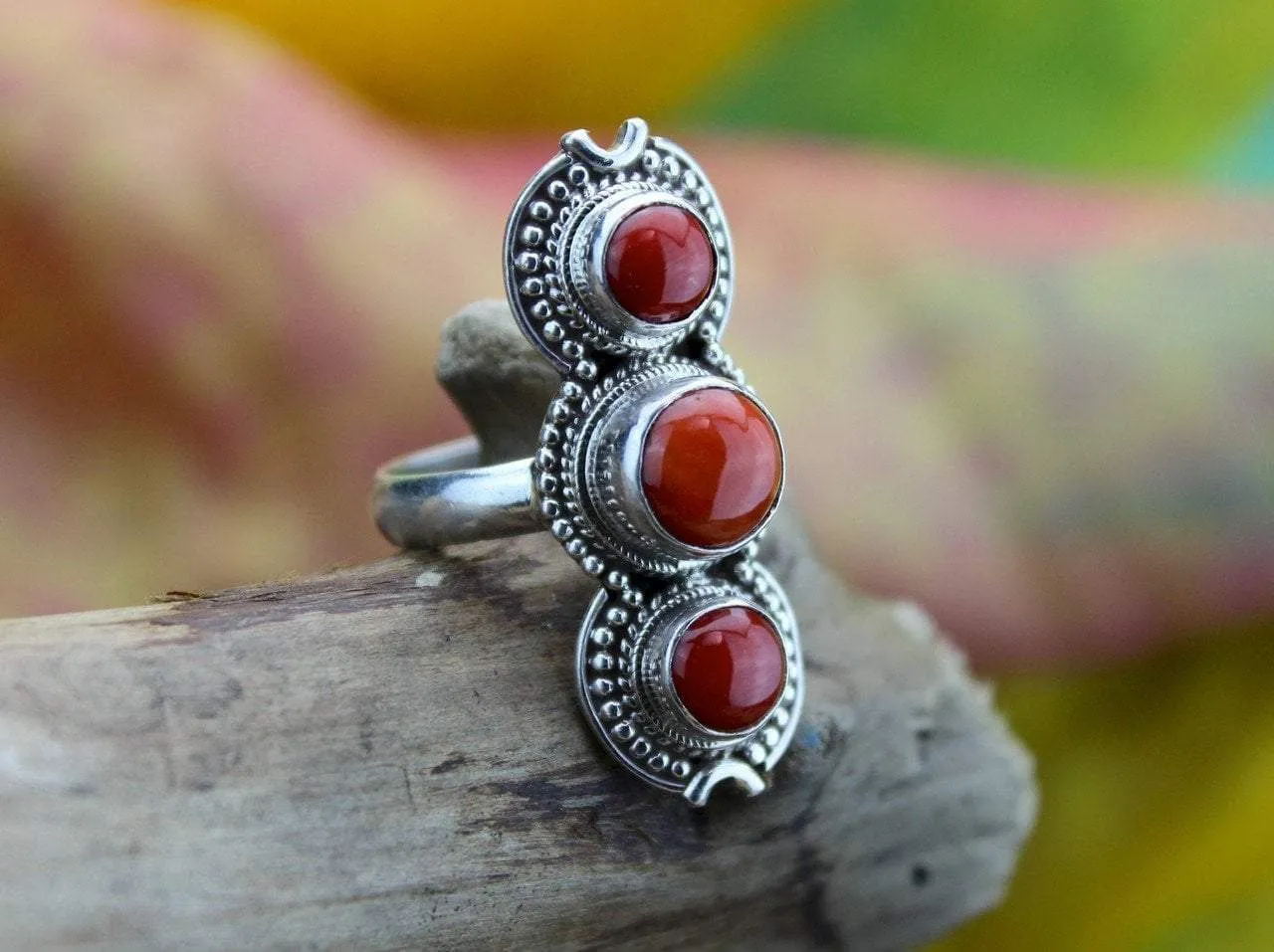 3 Stone Coral and Sterling Silver Ring