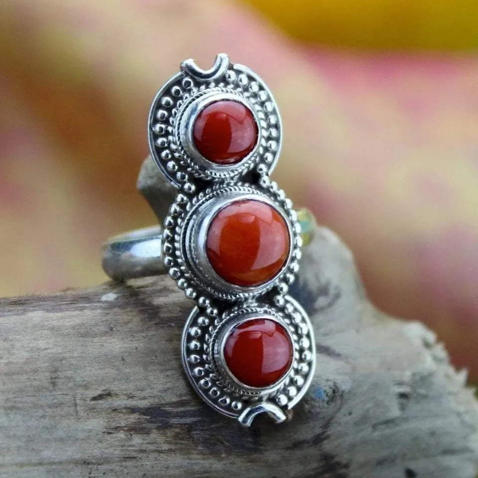 3 Stone Coral and Sterling Silver Ring