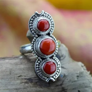 3 Stone Coral and Sterling Silver Ring