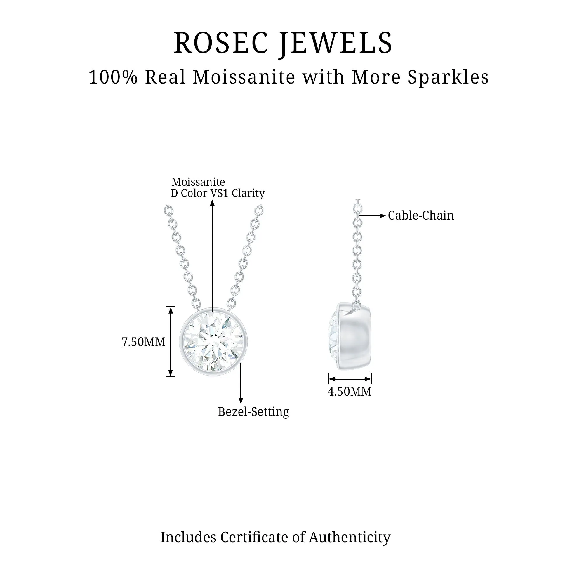 6.50 MM Simple Moissanite Solitaire Pendant Necklace