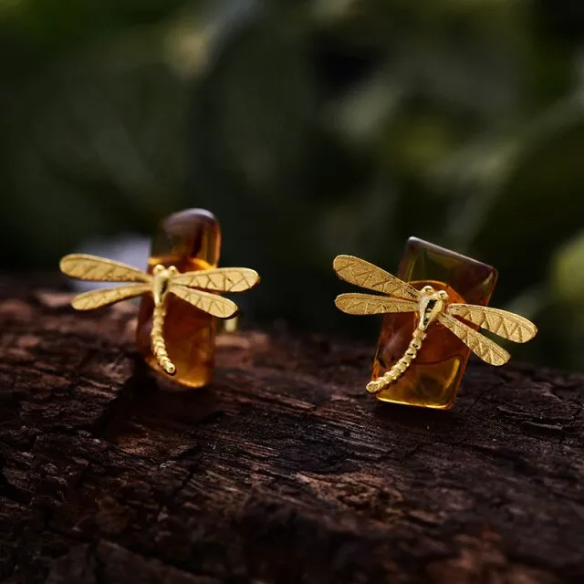 925 Sterling Silver 18K Gold Cute Dragonfly Stud Earrings