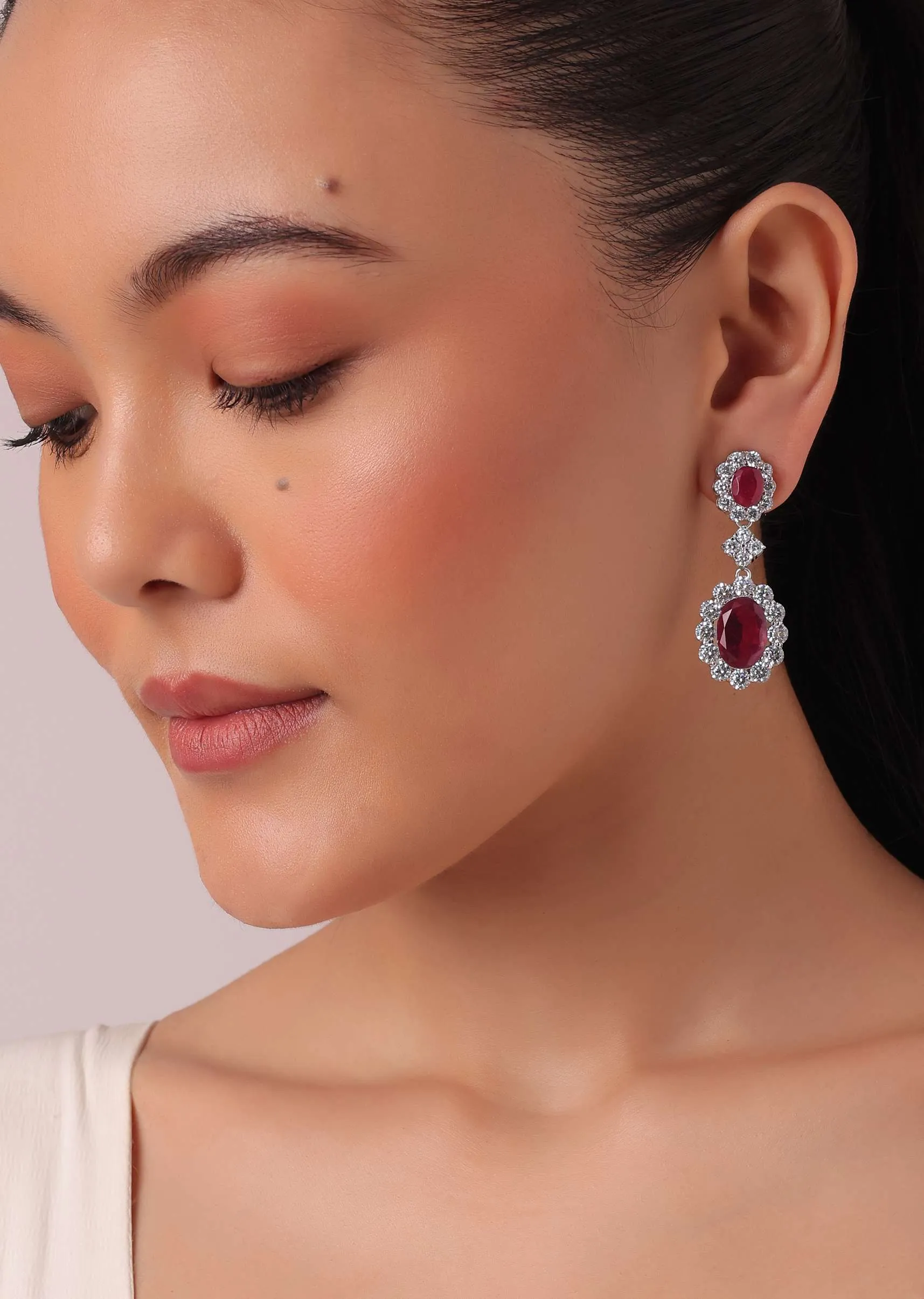 92.5 Sterling Silver Pendant Necklace Set With Ruby Drops