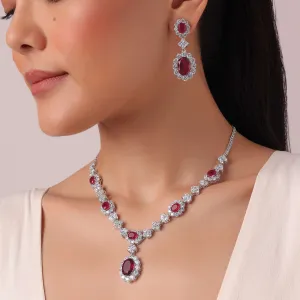 92.5 Sterling Silver Pendant Necklace Set With Ruby Drops