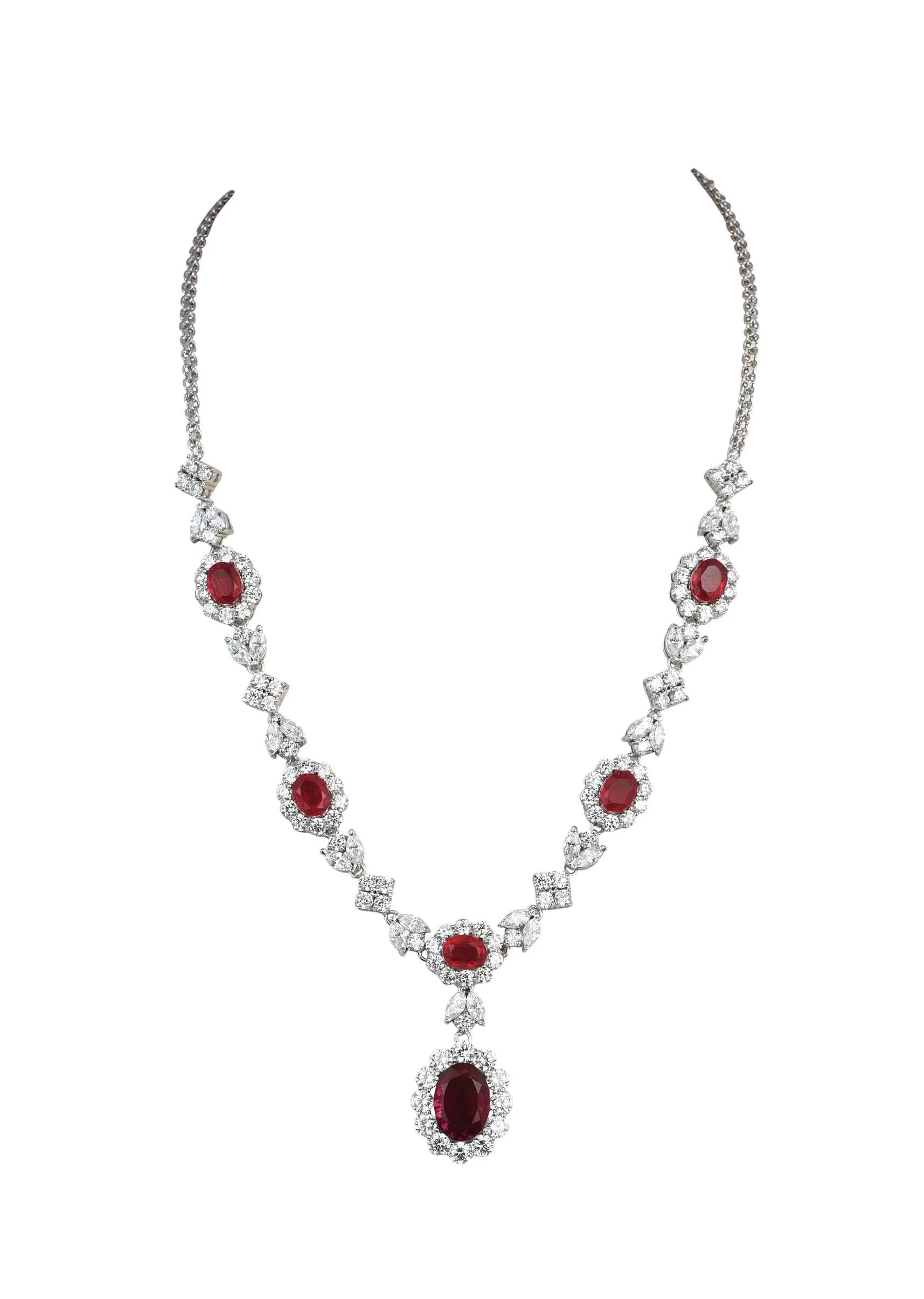 92.5 Sterling Silver Pendant Necklace Set With Ruby Drops