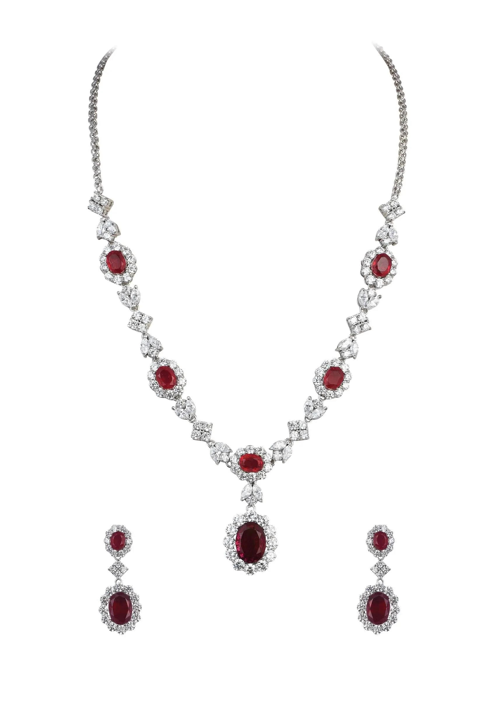92.5 Sterling Silver Pendant Necklace Set With Ruby Drops