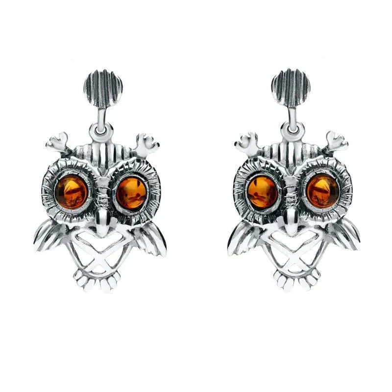 9ct White Gold Amber Orange Owl Stud Earrings