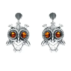 9ct White Gold Amber Orange Owl Stud Earrings