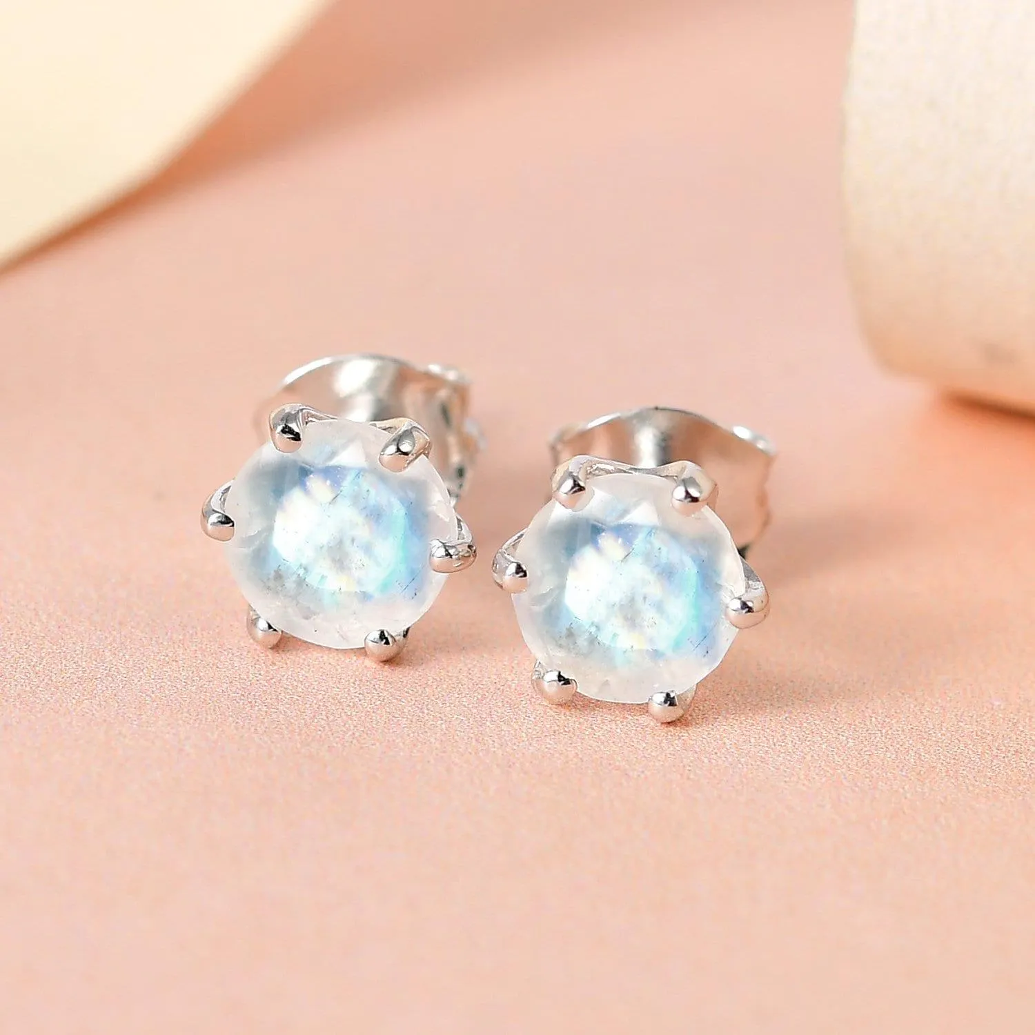 AA Rainbow Moonstone Round Studs earrings, 925 Sterling Silver, 6 Prong Stud, Platinum Plated, Solitaire Round Studs by Inspiring Jewellery