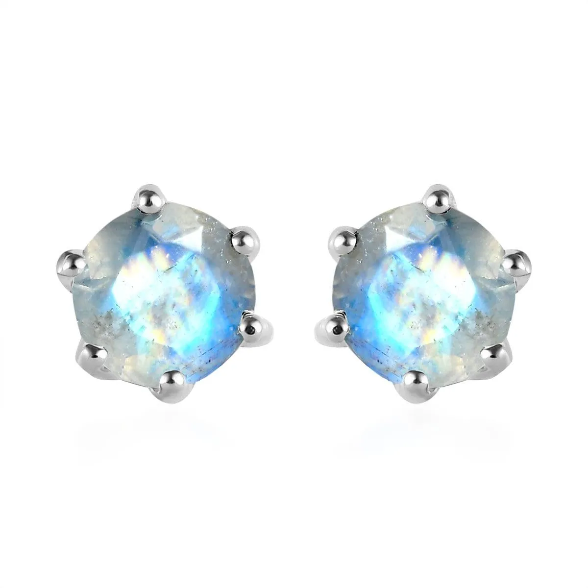 AA Rainbow Moonstone Round Studs earrings, 925 Sterling Silver, 6 Prong Stud, Platinum Plated, Solitaire Round Studs by Inspiring Jewellery