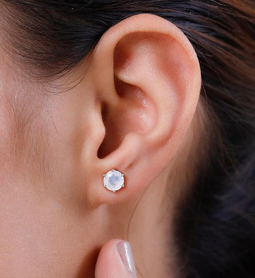 AA Rainbow Moonstone Round Studs earrings, 925 Sterling Silver, 6 Prong Stud, Platinum Plated, Solitaire Round Studs by Inspiring Jewellery