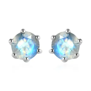 AA Rainbow Moonstone Round Studs earrings, 925 Sterling Silver, 6 Prong Stud, Platinum Plated, Solitaire Round Studs by Inspiring Jewellery