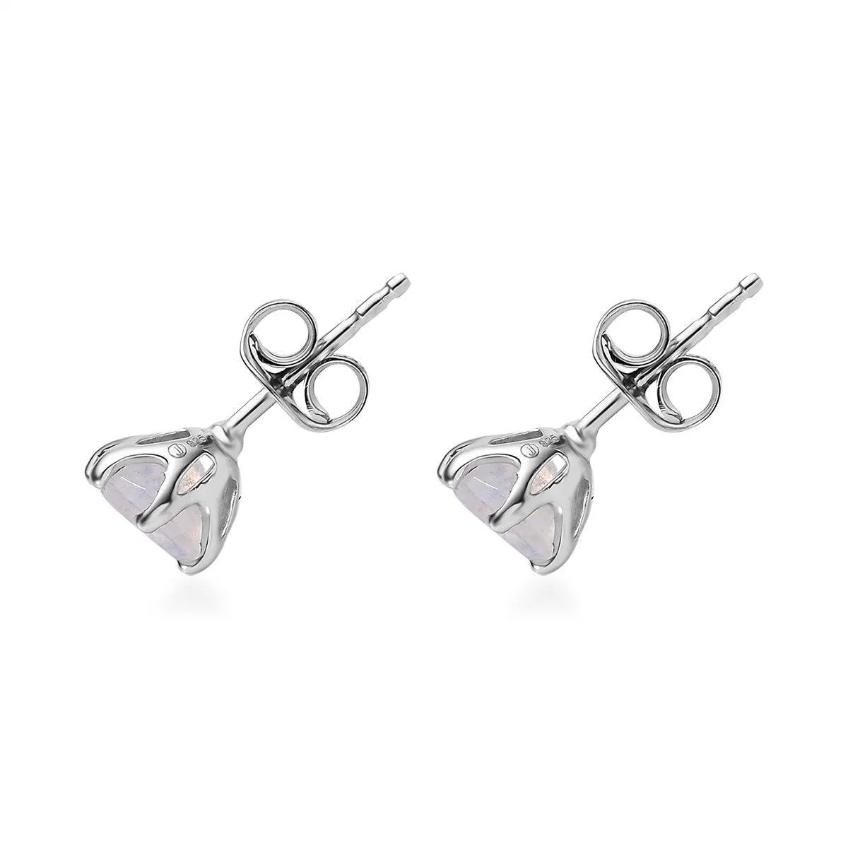 AA Rainbow Moonstone Round Studs earrings, 925 Sterling Silver, 6 Prong Stud, Platinum Plated, Solitaire Round Studs by Inspiring Jewellery