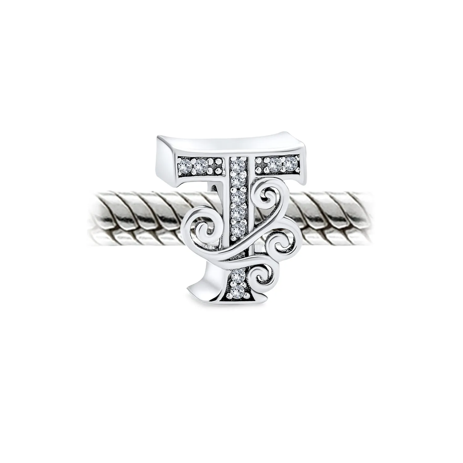 Alphabet Initial Fancy CZ Block Letter Bead Charm .925Sterling Silver