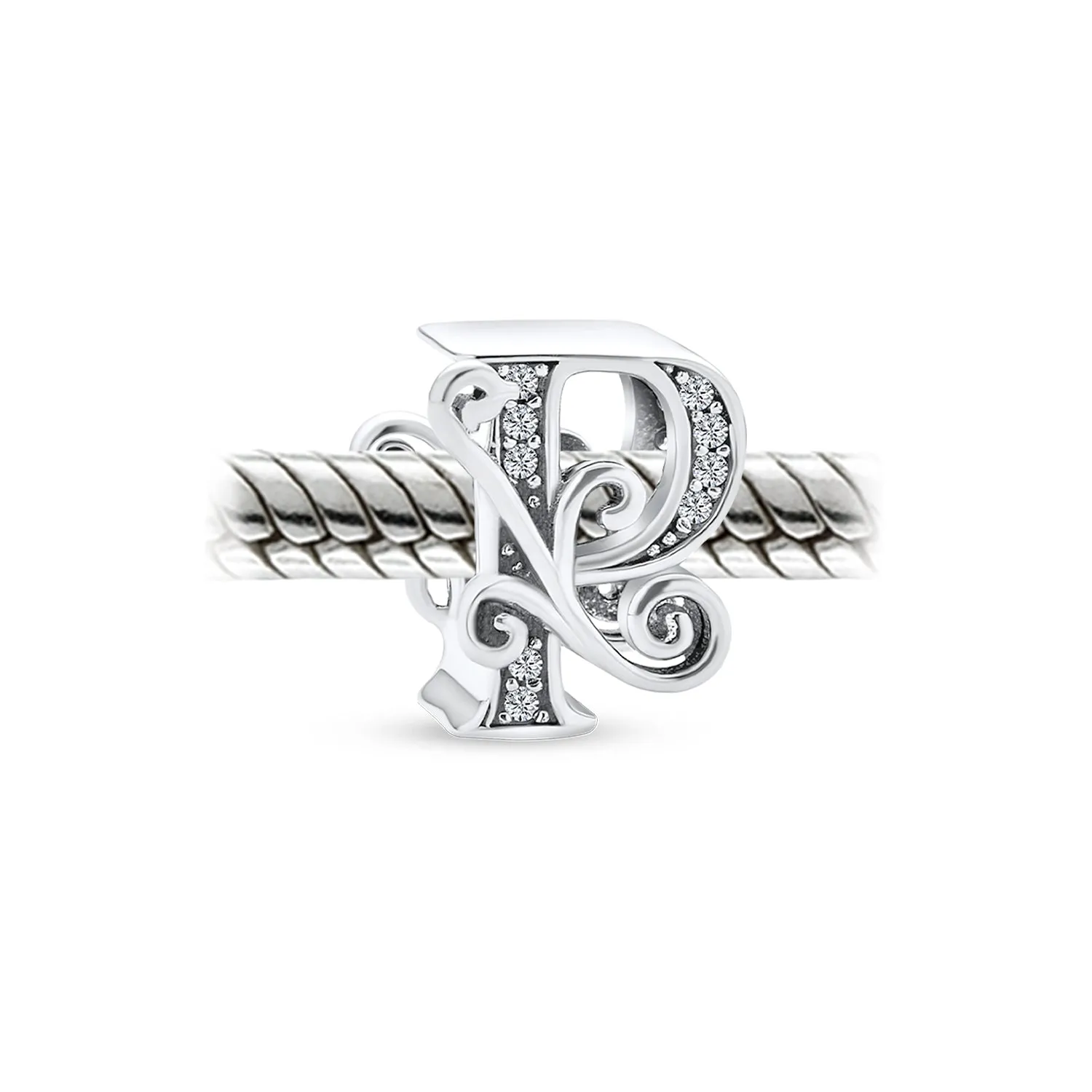 Alphabet Initial Fancy CZ Block Letter Bead Charm .925Sterling Silver