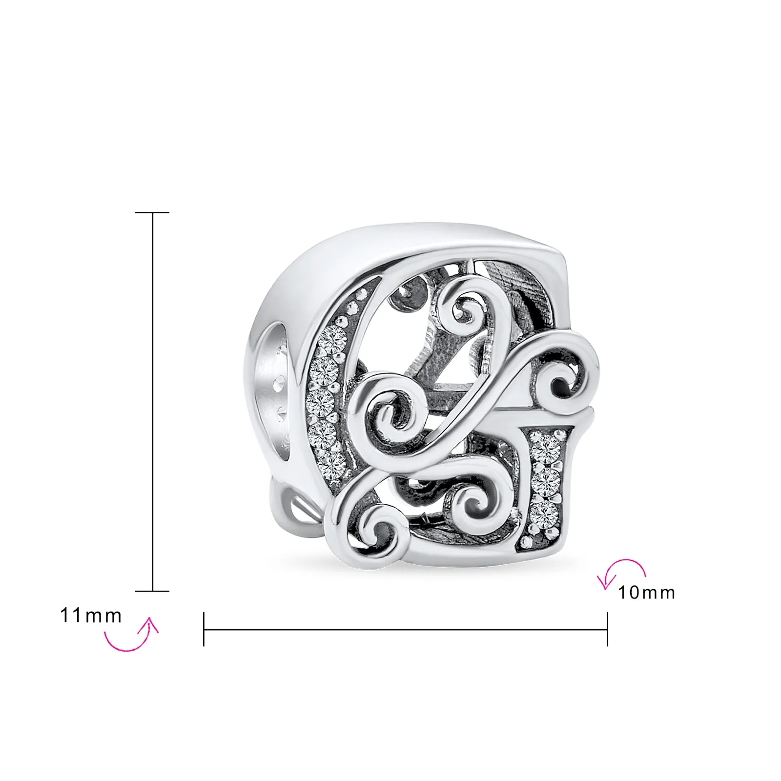 Alphabet Initial Fancy CZ Block Letter Bead Charm .925Sterling Silver