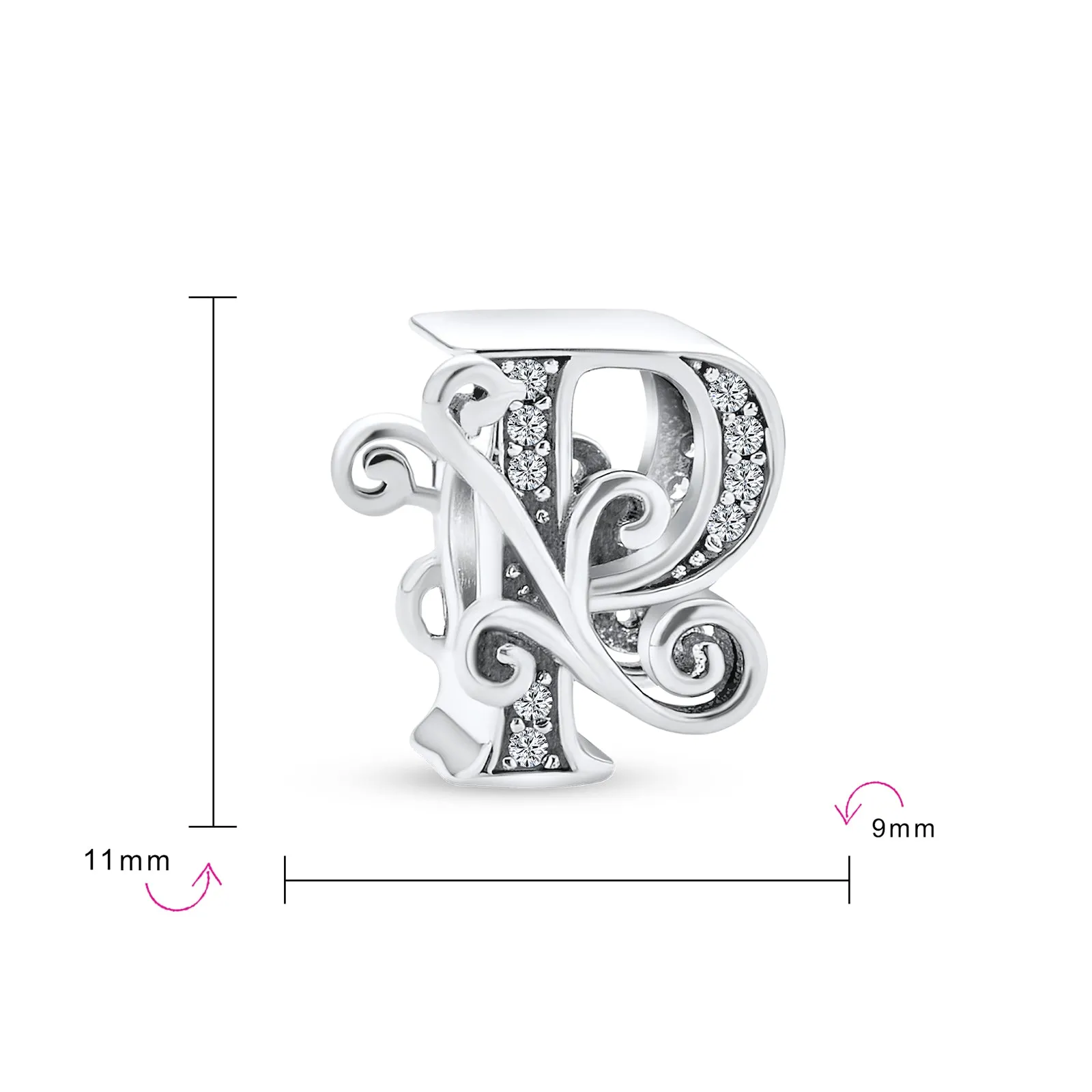 Alphabet Initial Fancy CZ Block Letter Bead Charm .925Sterling Silver