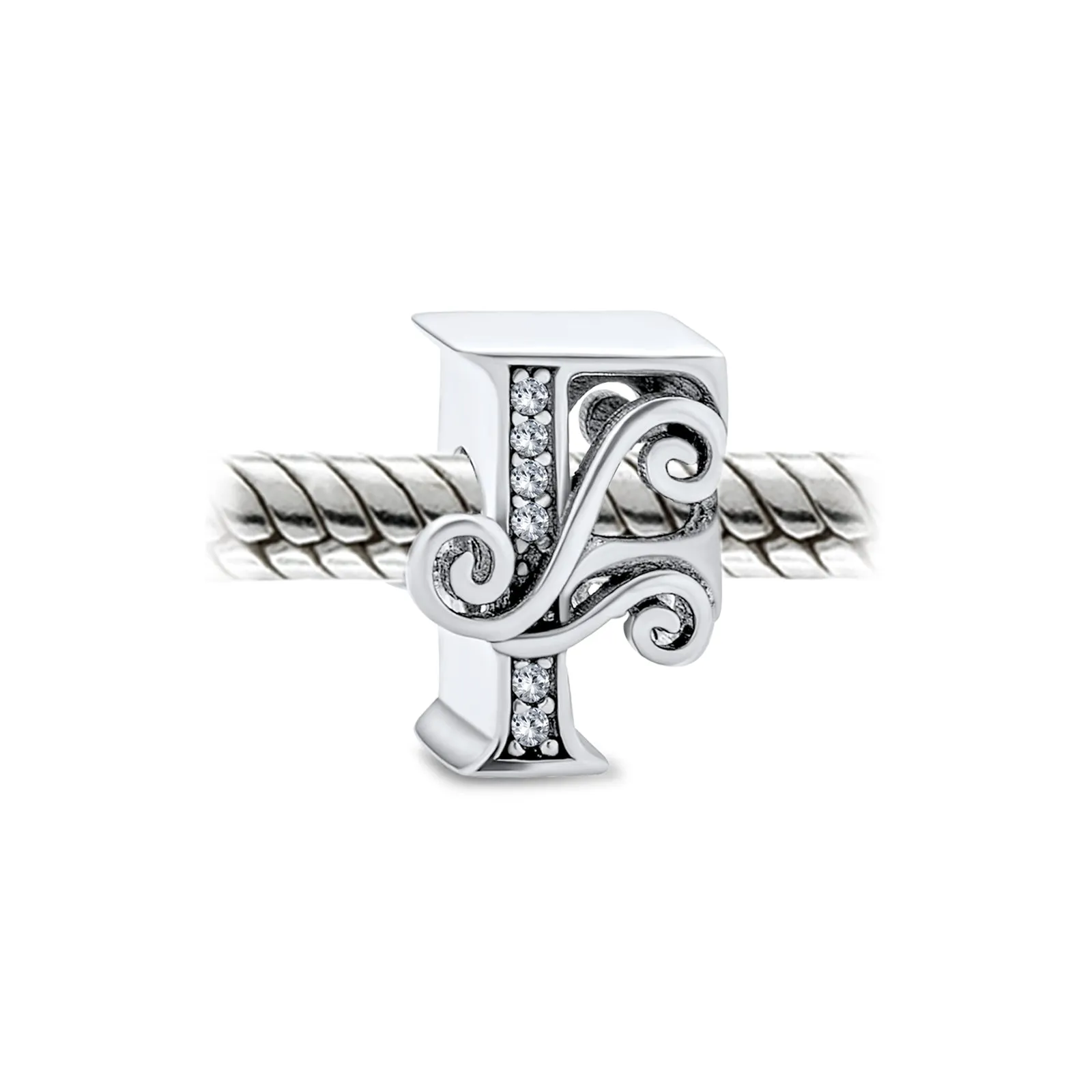Alphabet Initial Fancy CZ Block Letter Bead Charm .925Sterling Silver
