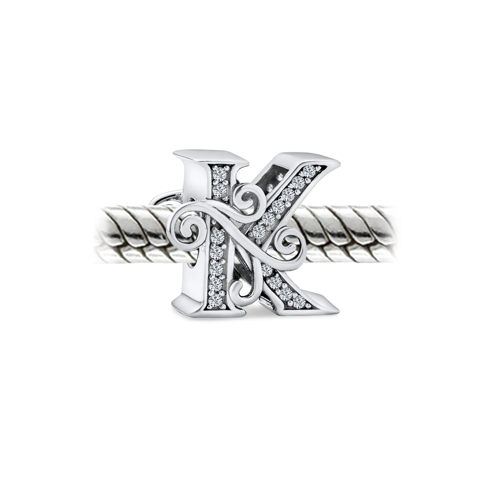 Alphabet Initial Fancy CZ Block Letter Bead Charm .925Sterling Silver