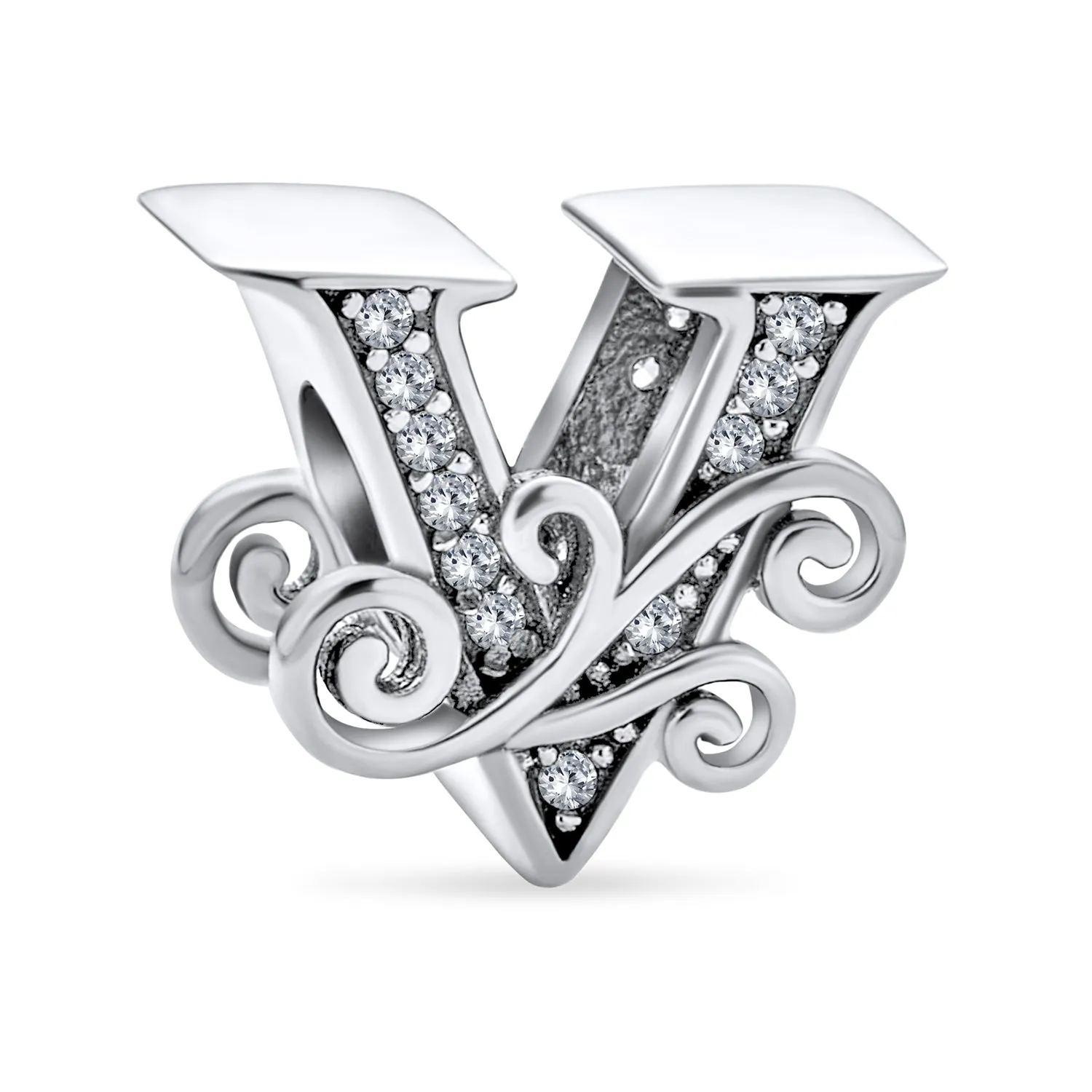 Alphabet Initial Fancy CZ Block Letter Bead Charm .925Sterling Silver