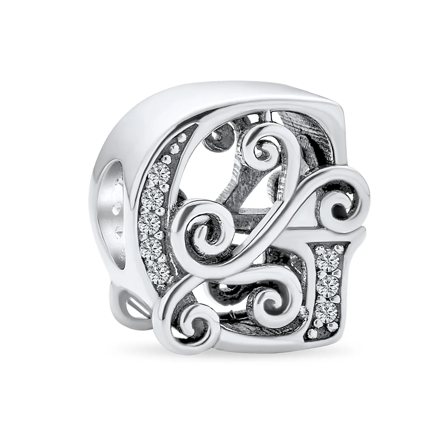 Alphabet Initial Fancy CZ Block Letter Bead Charm .925Sterling Silver
