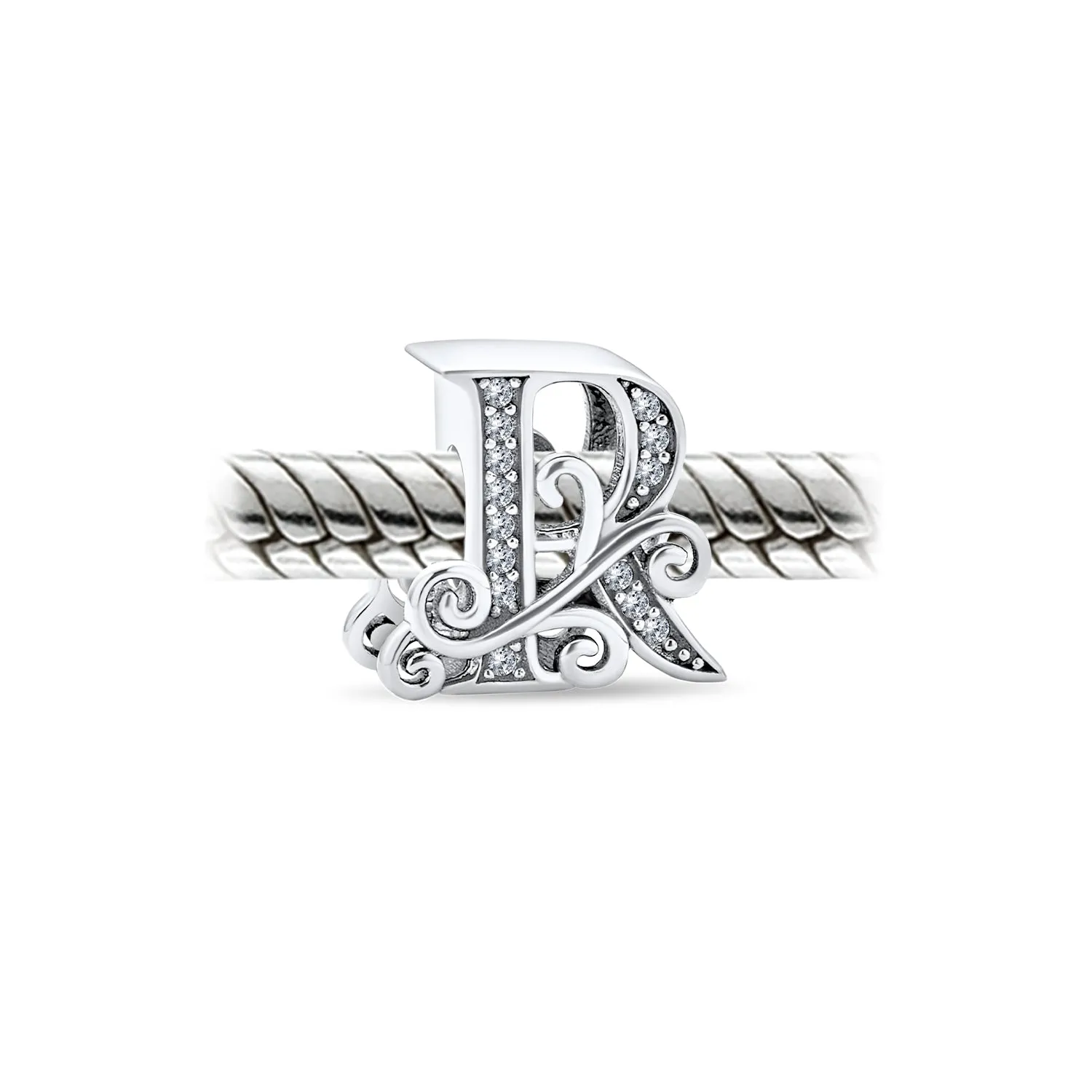 Alphabet Initial Fancy CZ Block Letter Bead Charm .925Sterling Silver